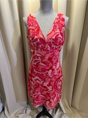 Ice Pink and Coral Patterned Silk Midi Dress